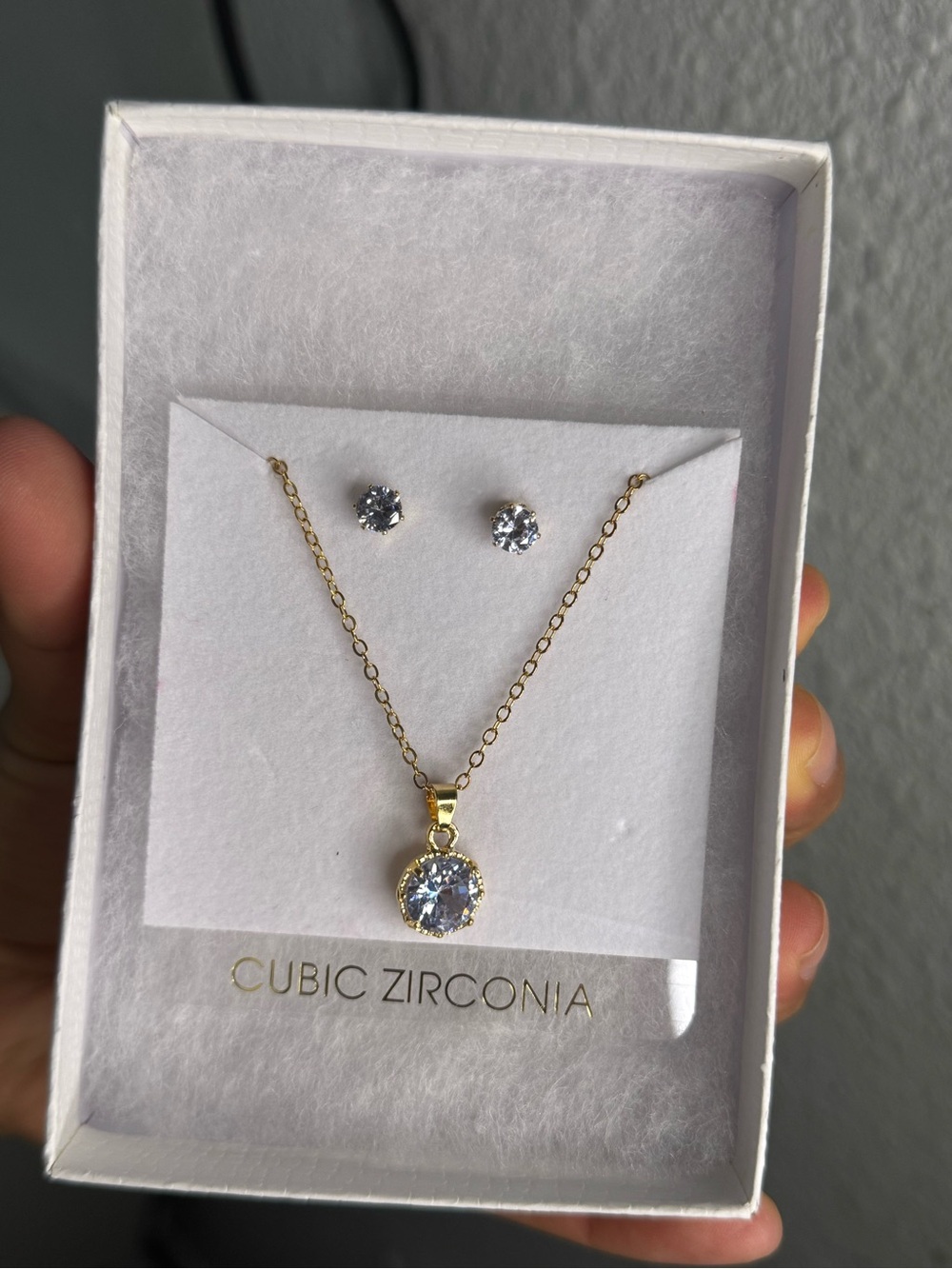 Gold Cubic Zirconia Pendant Necklace and Stud Earrings Set
